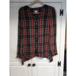 J Jill Plaid Popover Top Womens Small Lightweight Long Sleeve Button Up V-Neck